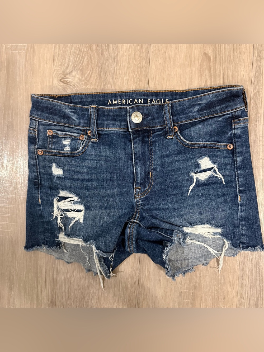 American Eagle Midi Distressed Denim Cutoff Shorts - Dark Blue
